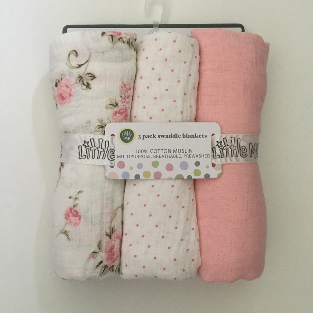 Little Me 3-Pack Cotton Muslin Baby Blankets - Pink Floral & Dot Set